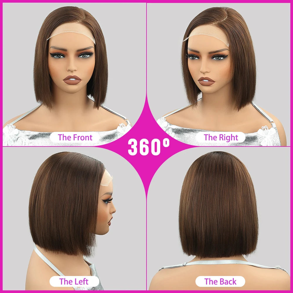 Glueless Straight Bob Wigs 5X5 Chocolate Brown Human Hair Wigs Glueless Drawstring HD Lace Frontal Bob Wigs Human Hair 100%