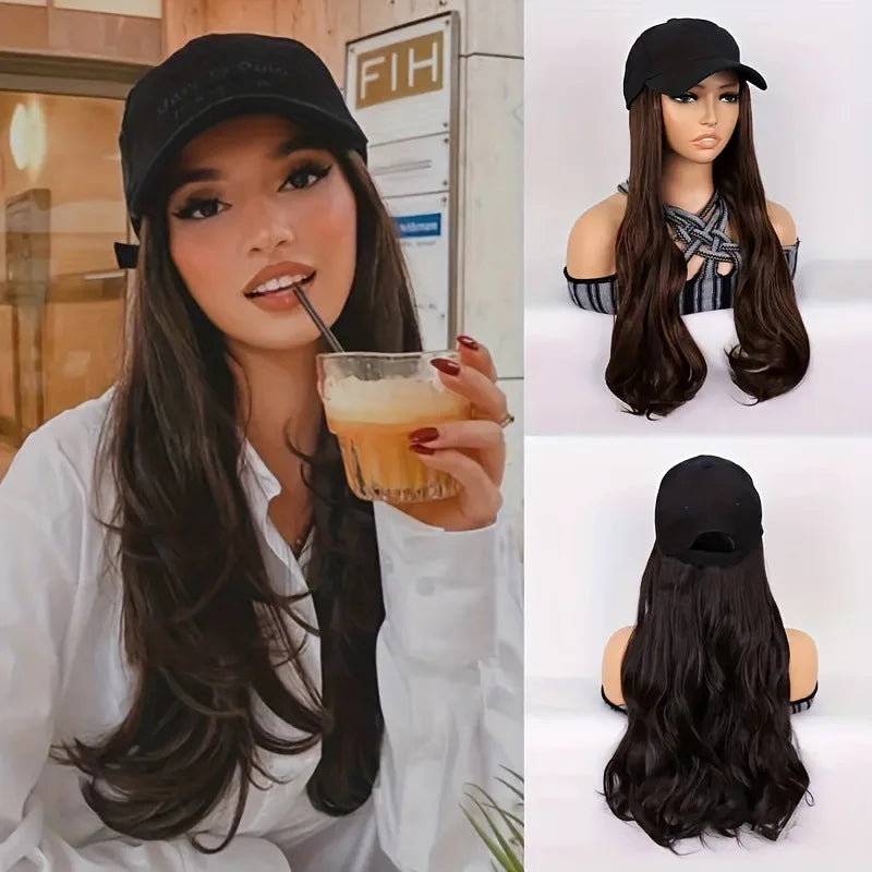 New Fashion Synthetic Wig Long Curly Hair Hat Wig Integrated High Temperature Silk Mechanism Wig Cap