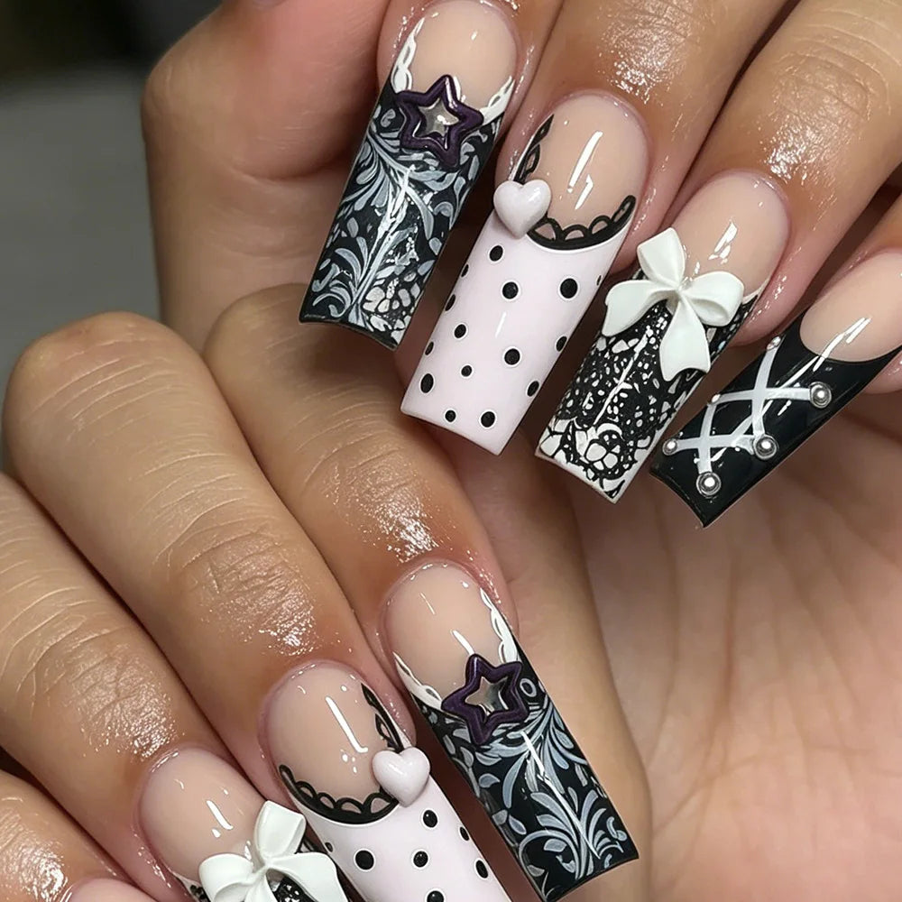 24Pcs Mid-length Square Head Press on Nails Black White Stripe French False Nails Full Cover Polka Dot Reusable Fake Finger Nail