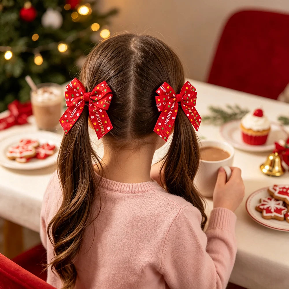4Pcs Merry Christmas Printed Ribbon Bow Hair Clip Long Tail Barrette Red Green Xmas Tree Deer Pattern Hairpin Girls Headdress