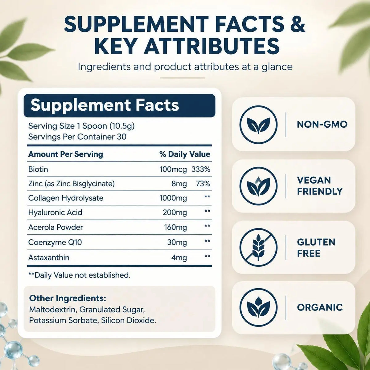 Collagen Powder Supplement with Hyaluronic Acid Astaxanthin Biotin CoQ10 for Skin Hydration Hair Nail Joint Support, 30 Servings