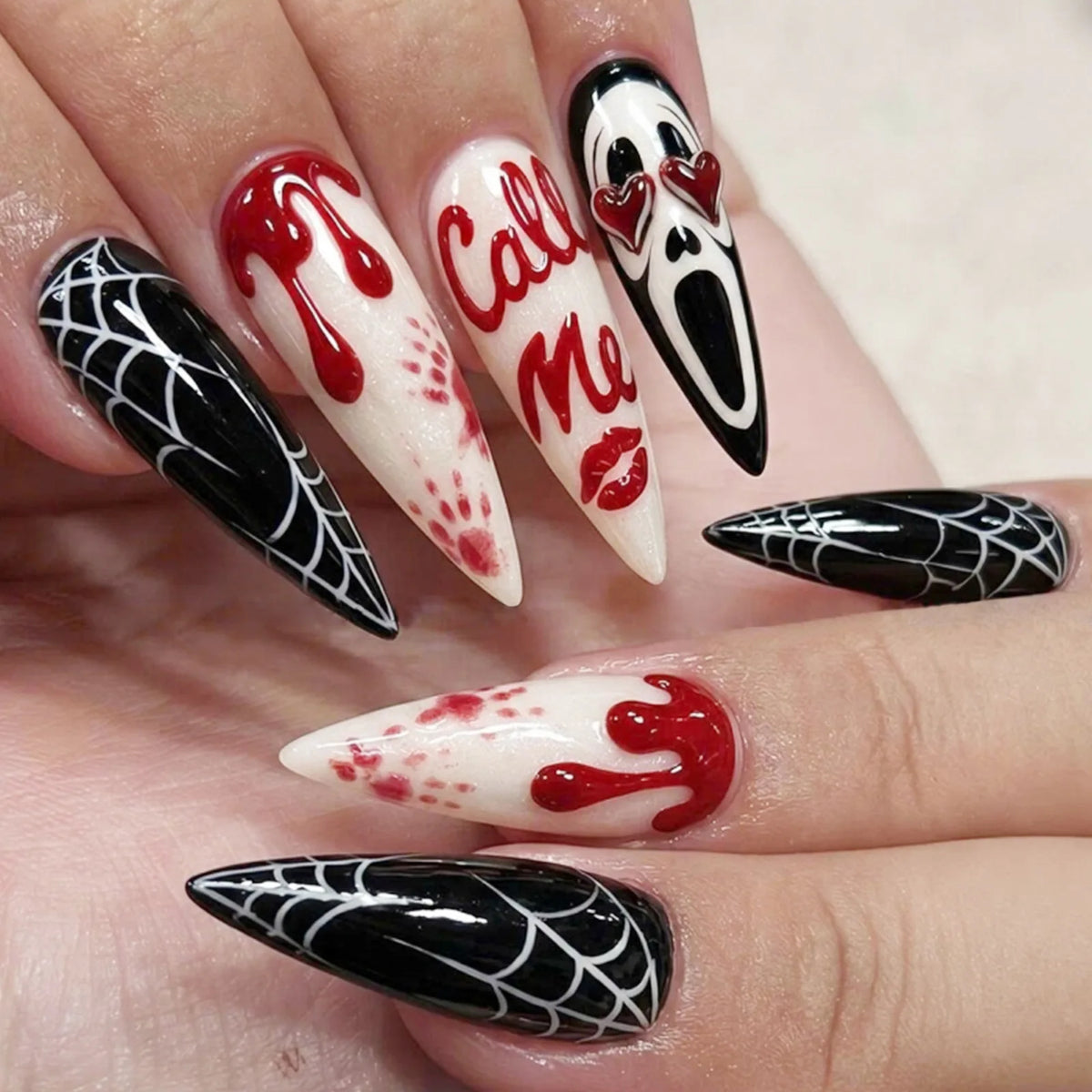 24Pcs Halloween Blood Drip Spider Web Ghost Mask Letter Print Pess on Nails 3D Heart Decor Fake Nail Long Almond False Nail