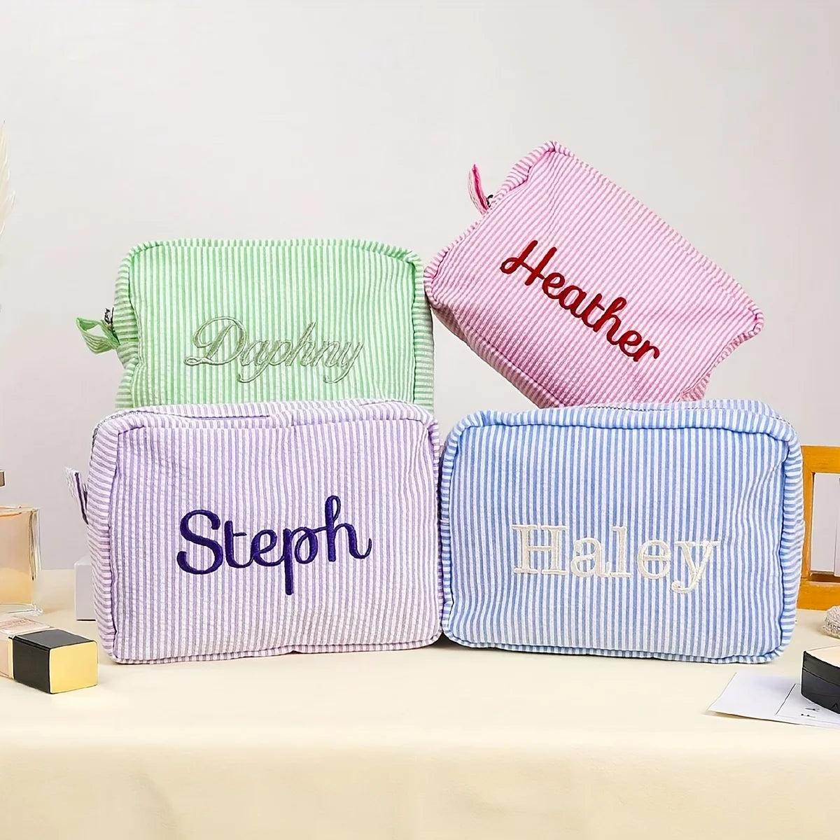 Custom Name Embroidered Makeup Bag Striped Cosmetic Pouch Travel Toiletry Organizer Large Capacity Zipper Pencil Case Gift Women