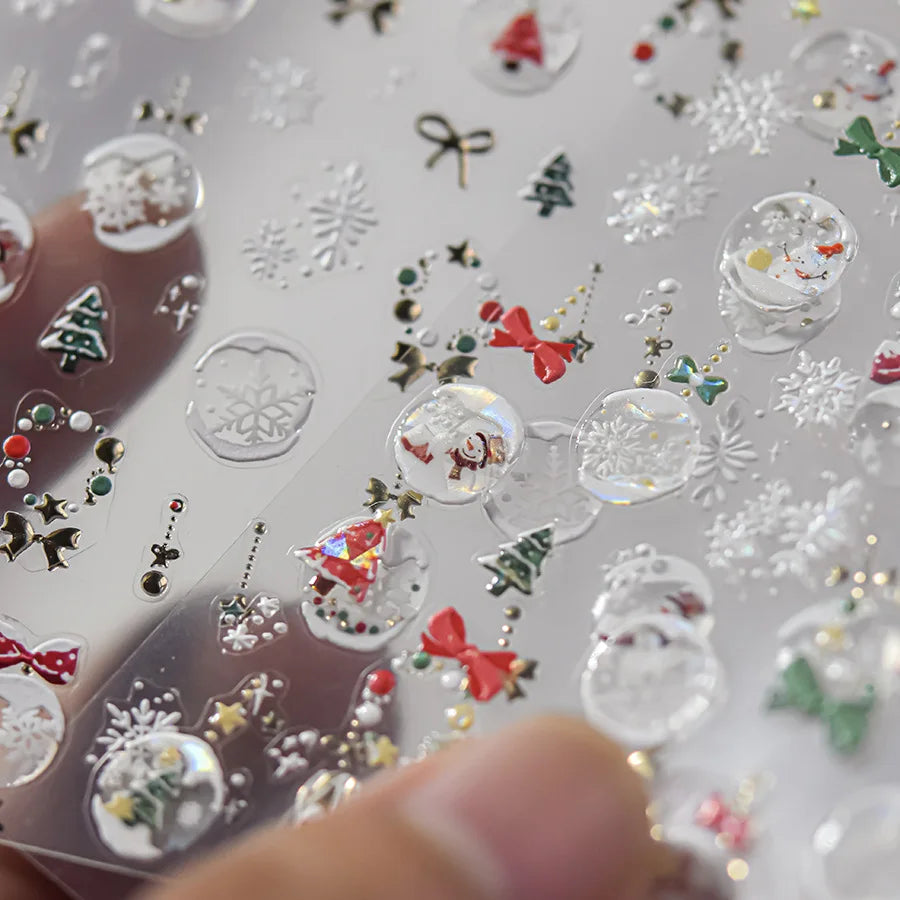 Winter Christmas Nail Stickers Christmas Tree Crystal Ball Butterfly Knot Snow Bead Chain Self Adhesive Nail Art Accessories DIY
