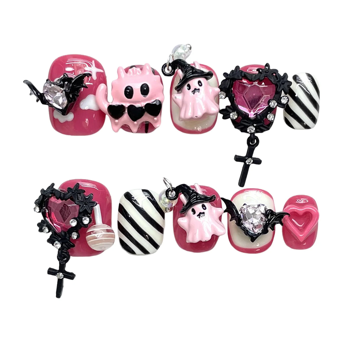 10pcs Halloween Theme False Nail Tips 3D Devil Love Heart Designs Press On Nails Rose Pink Short Round Handmade Fake Nails Art