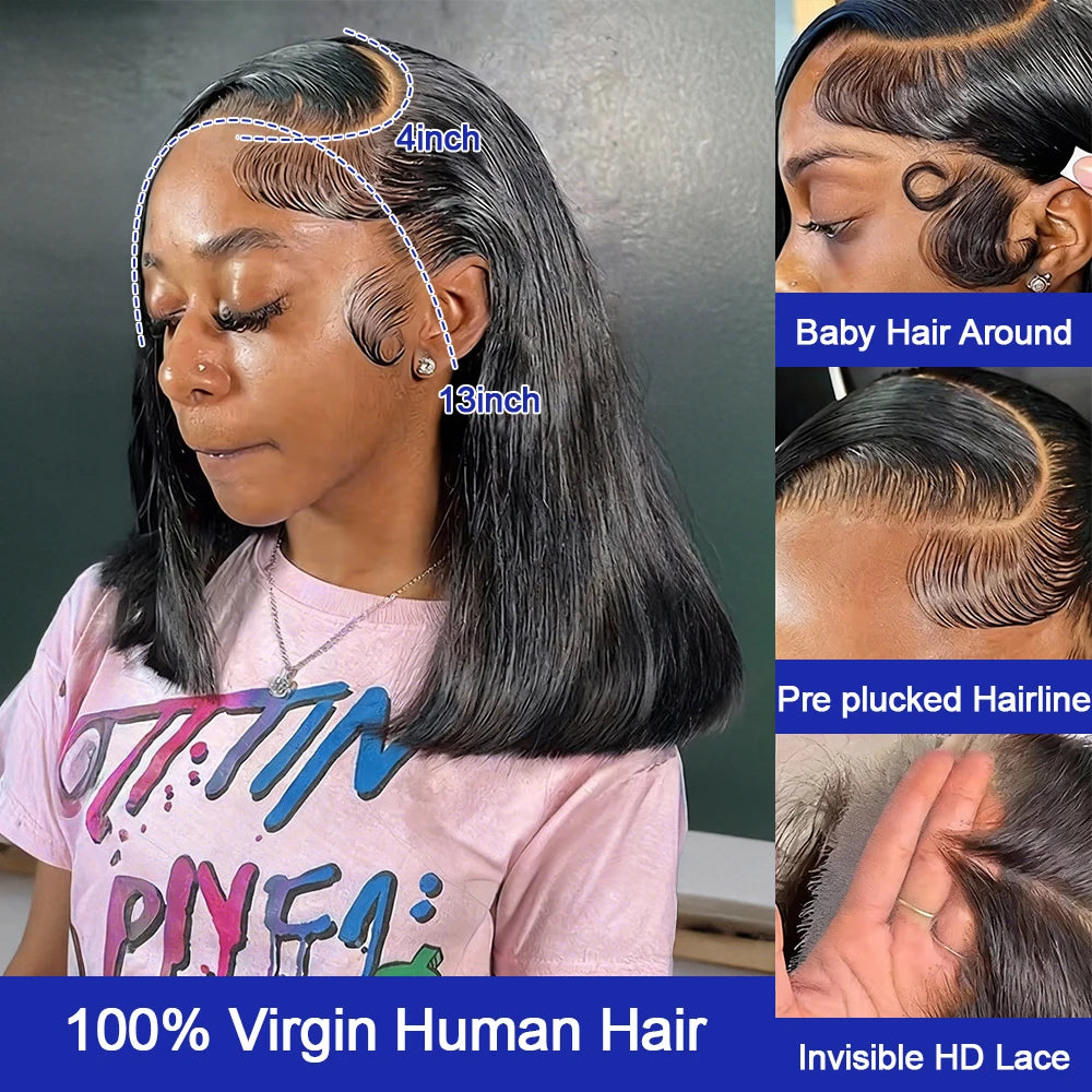 Brazilian HD Transparent 13x4 Bone Straight Short Bob Human Hair Wigs 13x6 Straight Lace Front Wigs For Women 250 Density