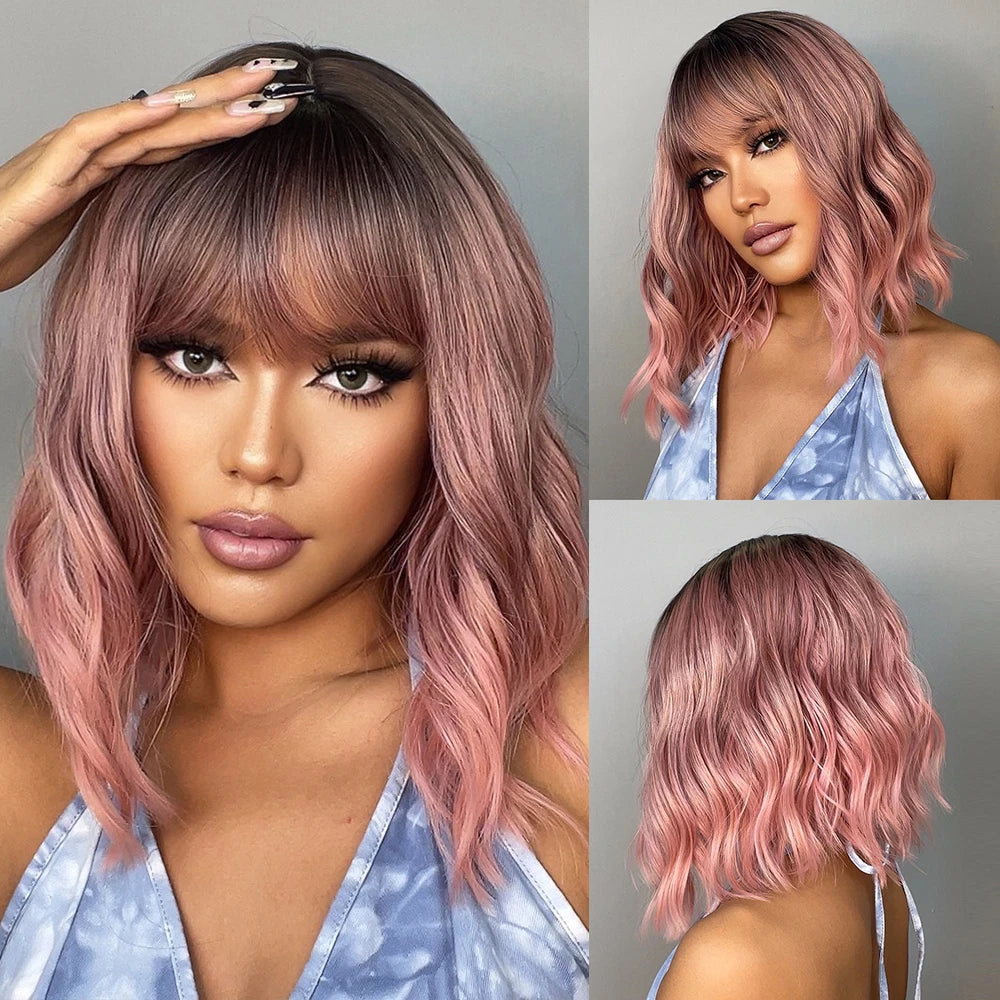 EASIHAIR Short White Bob Synthetic Wigs Short Wavy Lolita Natural Hair Wigs with Bangs for Women Heat Resistant Cosplay Wig