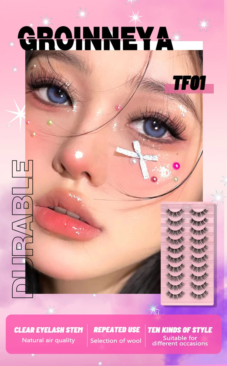 GROINNEYA Manga Lashes 5/10 Pairs 3D Clear Band Lashes Natural Look Mink Eyelashes Fluffy Cat Eye Lashes Pack Fake Eyelashes