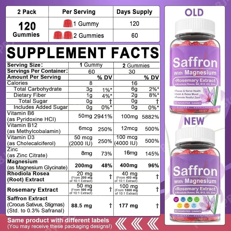 Saffron Gummies with Magnesium Glycinate, Rhodiola & Rosemary for Mood, Sleep & Focus Support, Sugar-Free 60 Count