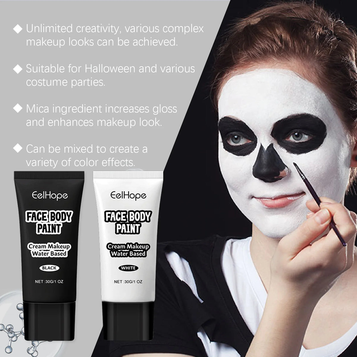 Halloween Makeup Face Body Paint With Brush Long Lasting High Coverage Mild Gentle Skin‑Friendly Halloween Skeleton Zombie