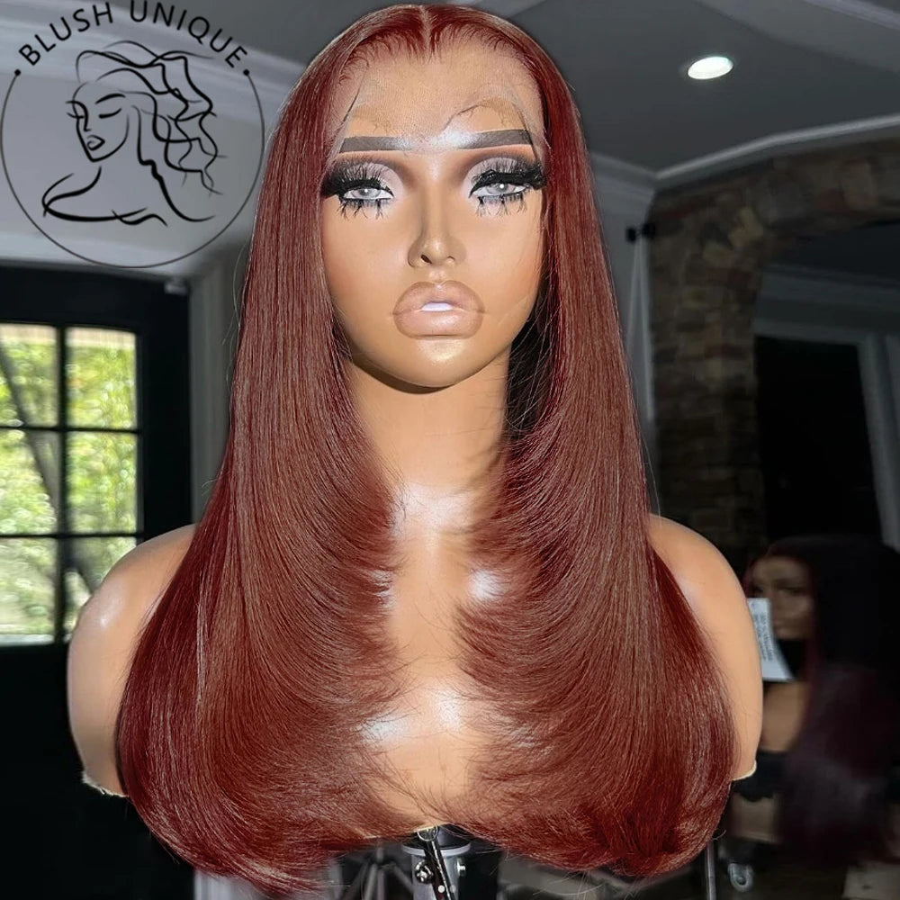 Chocolate Brown Layered Cut Lace Front Wigs HD 13X6 Straight Lace Front Wig For Women Synthetic Butterfly Haircut Glueless Wigs