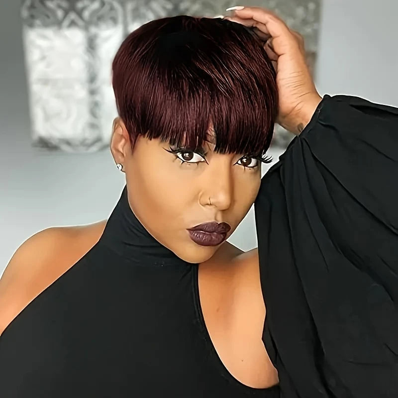Pixie Cut wigs for Black Women Straight Human Hair Wigs with Bangs Natural 1B Color Wig Short Layered Full Machine Made Wig