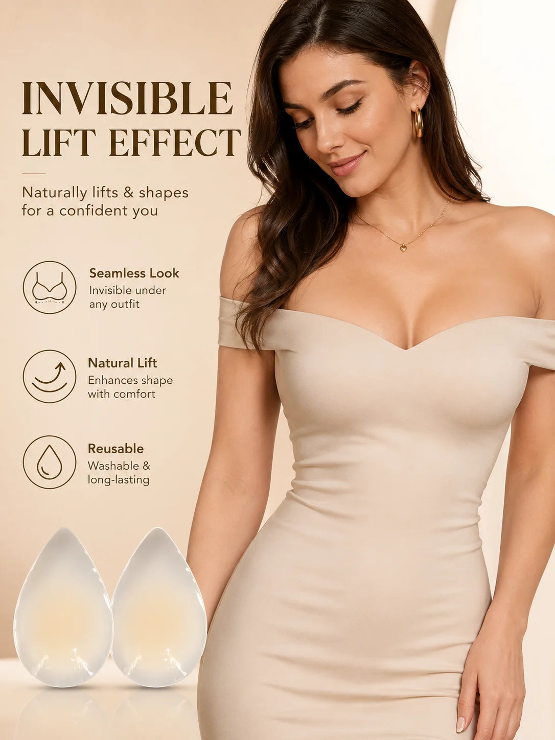 2PCS Reusable Invisible Breast Lift Pads, Teardrop Silicone Adhesive Bra Pads, Ultra-Thin Edge Seamless Nipple Covers For Strapl