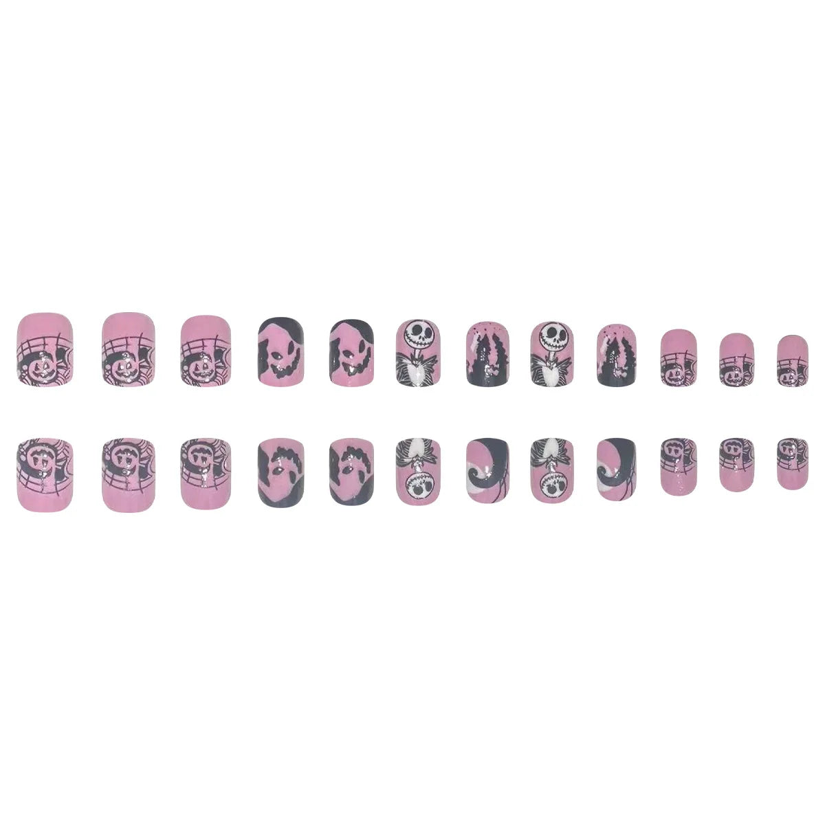24pcs Short Halloween Fake Nail Patch Black Bat Skull Pattern False Nails Full Cover Wearable Sweet Cool Pink False Nail Tips