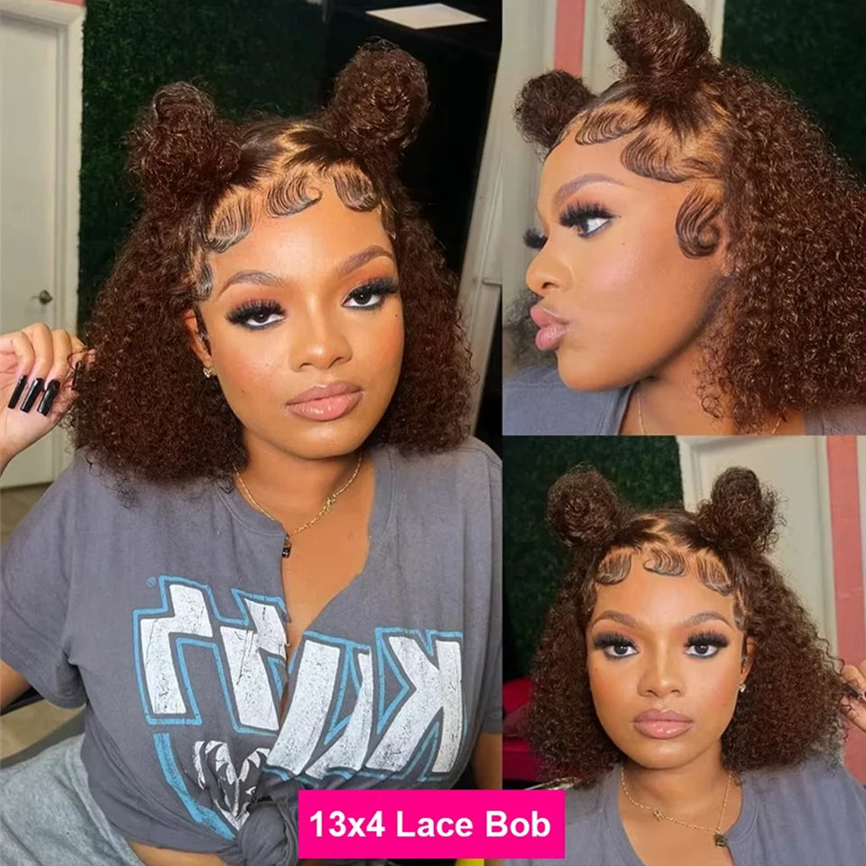 Short Bob Wig 13x4 Lace Front Wig Chocolate Dark Brown 100% Human Hair Deep Curly Wave Bob Wig HD Lace Wig 200 Density For Women