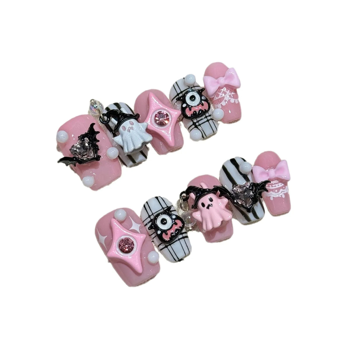 10pcs Pink Halloween Press On Nails Handmade Short Square False Nails Cute 3D Ghost Devil Heart  Bowknot Decor Fake Nail Tips
