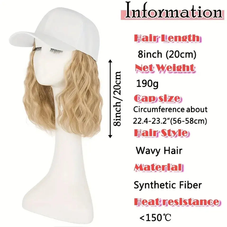 8" Short Wave Baseball Cap Wigs with Curly Hair Extensions for Women Daily Wear Synthetic Wave Adjustable Baseball Hat Wigs