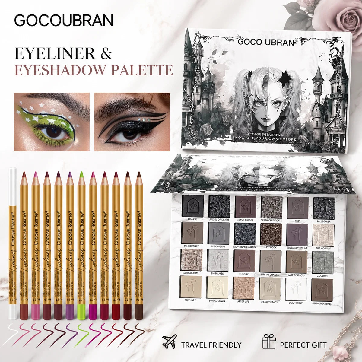 24 Colors Gothic Eyeshadow Palette with 12Pcs Colored Eyeliner Pencils, Dark Cool Tone Matte Shimmer Gray Black Smoky Eye Shadow Makeup Kit, Long Lasting Waterproof Color Eyeliner Set, Halloween Goth Makeup Gift Set for Women