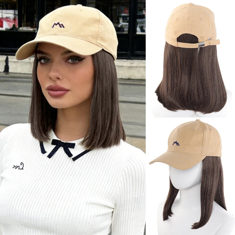 Beige Baseball Cap with 3D Mountain Embroidery + Synthetic Fiber Straight-Inner-Curl Wig – One-Piece Hair Hat for Effortless Dai