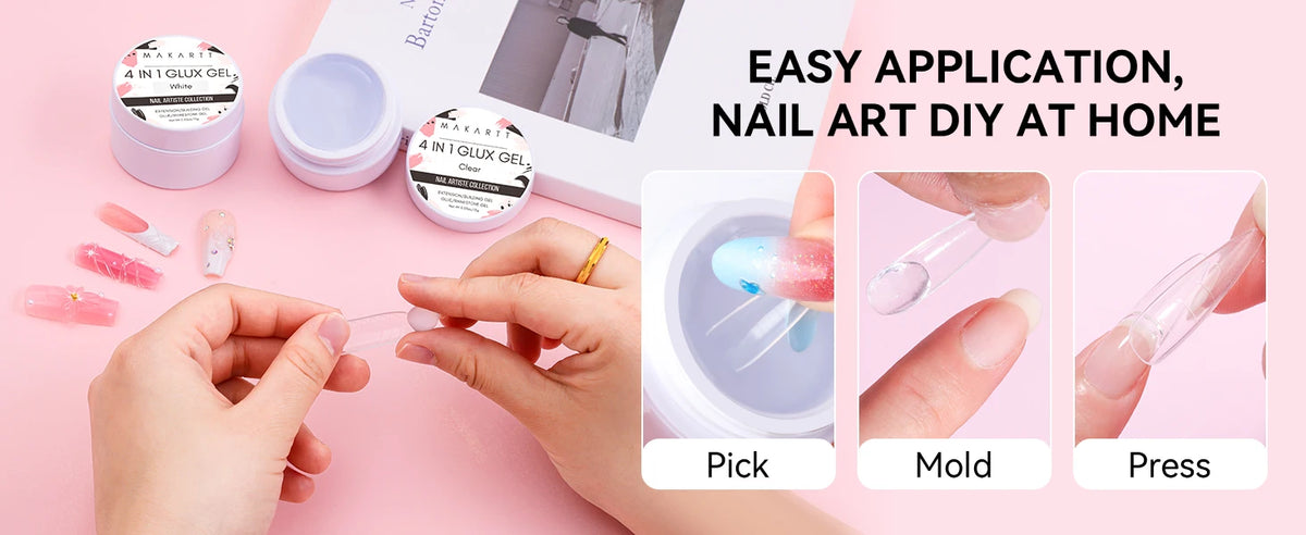 Makartt Solid Gel Builder: 4-in-1 Clear White Non-sticky for Extension 3D Sculpting Nail, UV Glue for Acrylic Tips, Rhinestones