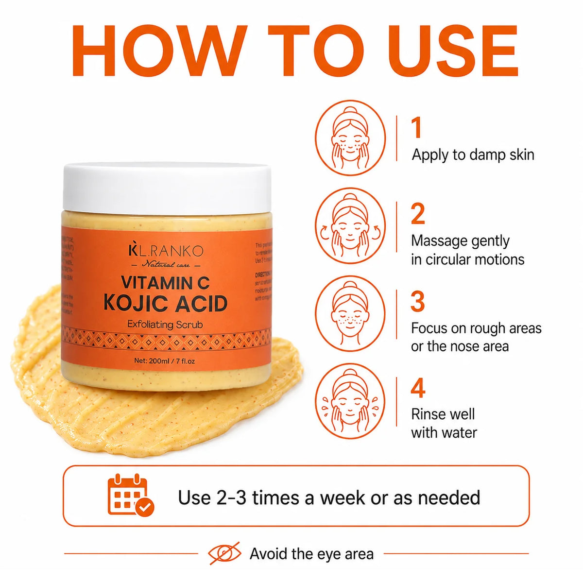 KL.RANKO Vitamin C & Kojic Acid Exfoliating Scrub | Face Scrub & Exfoliating Body Scrub - Vitamin C and Kojic Acid Body Scrub for Brightening, Exfoliating & Soothing, Even Skin Tone Care, Korean Skincare, 200ml/7 fl.oz