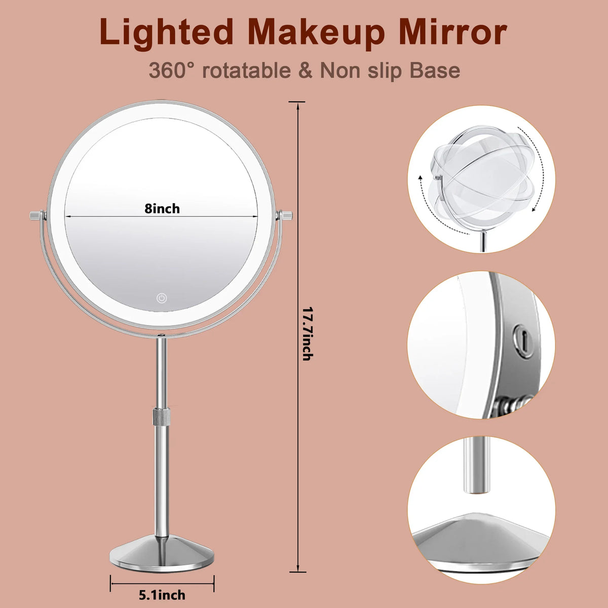 TUSHENGTU Makeup Mirror With Light Lamp 10X Magnification 3 Color Lights,Adjustable Brightness Height Standing Cosmetic Mirror