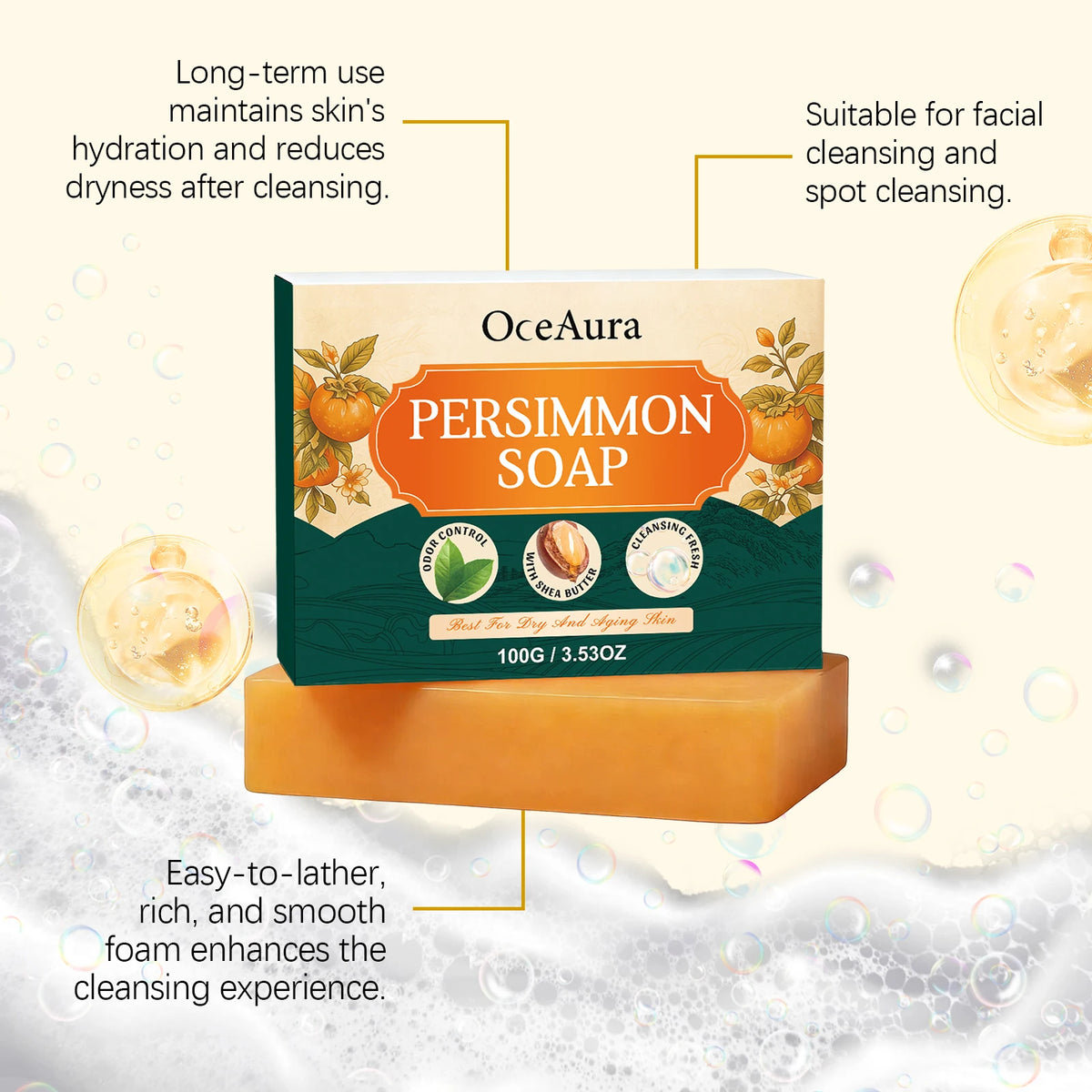 OceAura Persimmon Soap Bar Gentle Body Cleanser Moisturizing Nourishing Refreshing Smooth Skin Daily Bath