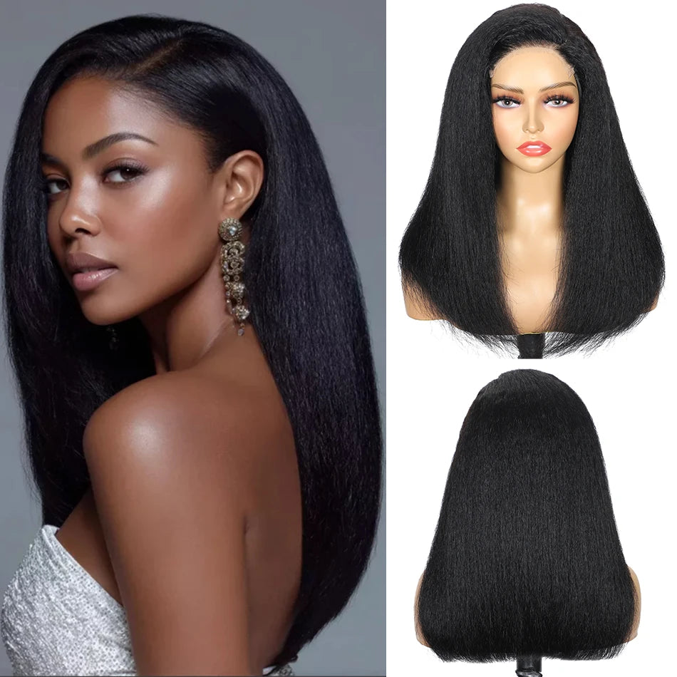 100% Human Hair Bob Yaki Straight Glueless HD Lace Closure Wigs 4C Precut Kinky Straight 5x5 Lace Wig With Drawstring PrePlucked