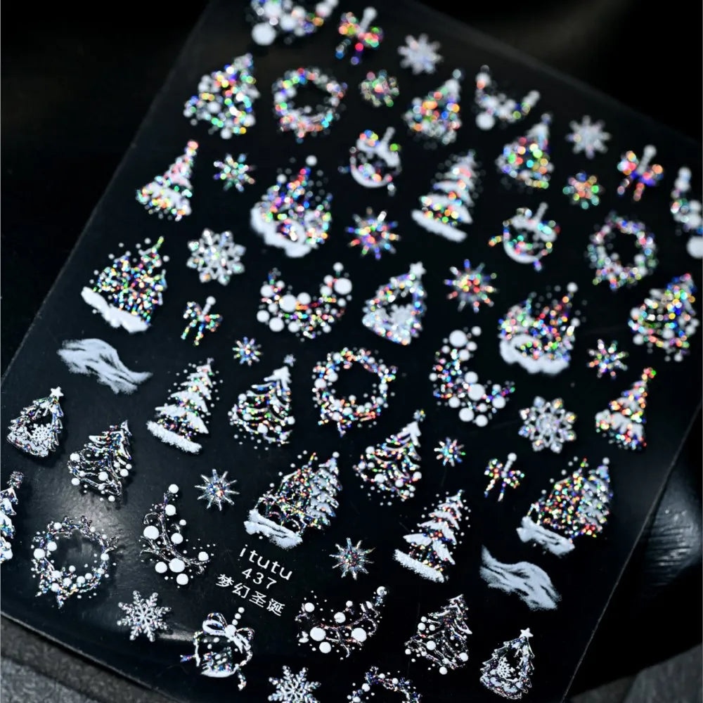 1pcs Laser Glitter Silver Purple Christmas Tree Crystal Ball Nail Sticker 5D Embossed Snowflake Christmas Nail Decals Nail Parts
