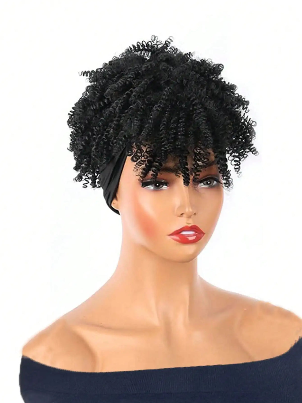Headband Wigs for Synthetic Short Afro Kinky Curly Wigs Dark Brown Wig with Bangs Wrap Wigs 2 in 1 synthetic Wig Drawstring