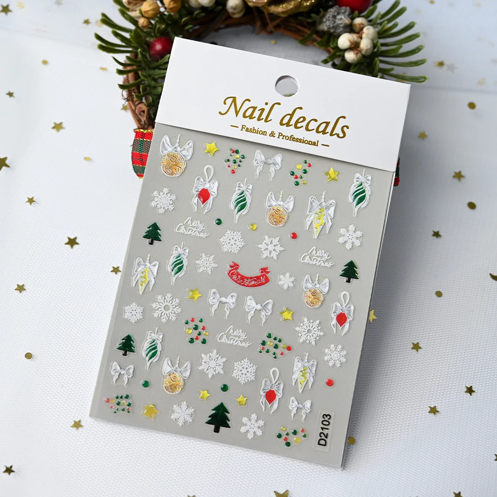 1pcs Laser Glitter Silver Purple Christmas Tree Crystal Ball Nail Sticker 5D Embossed Snowflake Christmas Nail Decals Nail Parts