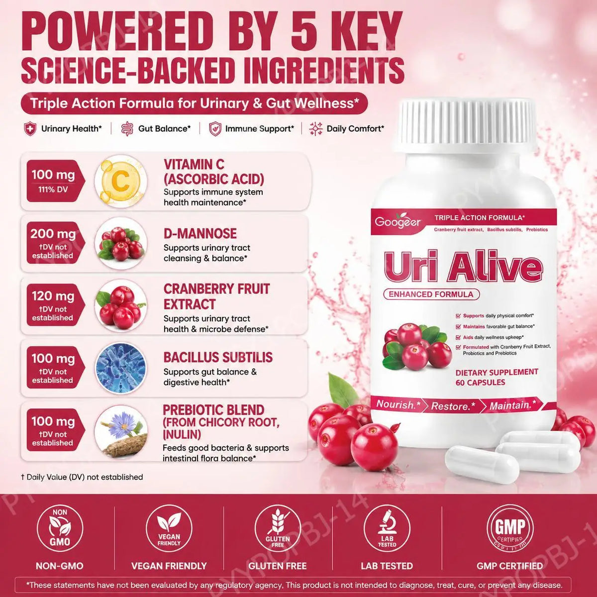 Googeer Uri Alive Triple Action Formula Capsules with Vitamin C, D-Mannose and Cranberry Extract for Urinary Support 60 Capsules