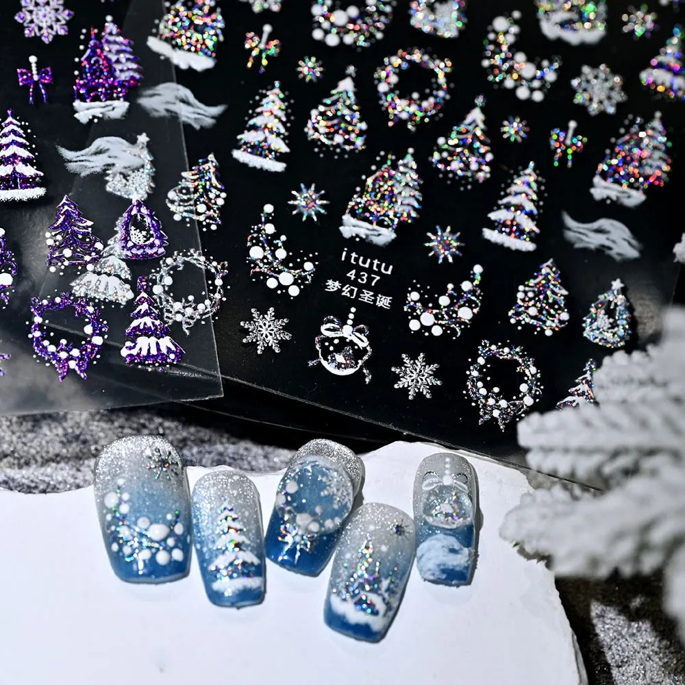 1pcs Laser Glitter Silver Purple Christmas Tree Crystal Ball Nail Sticker 5D Embossed Snowflake Christmas Nail Decals Nail Parts