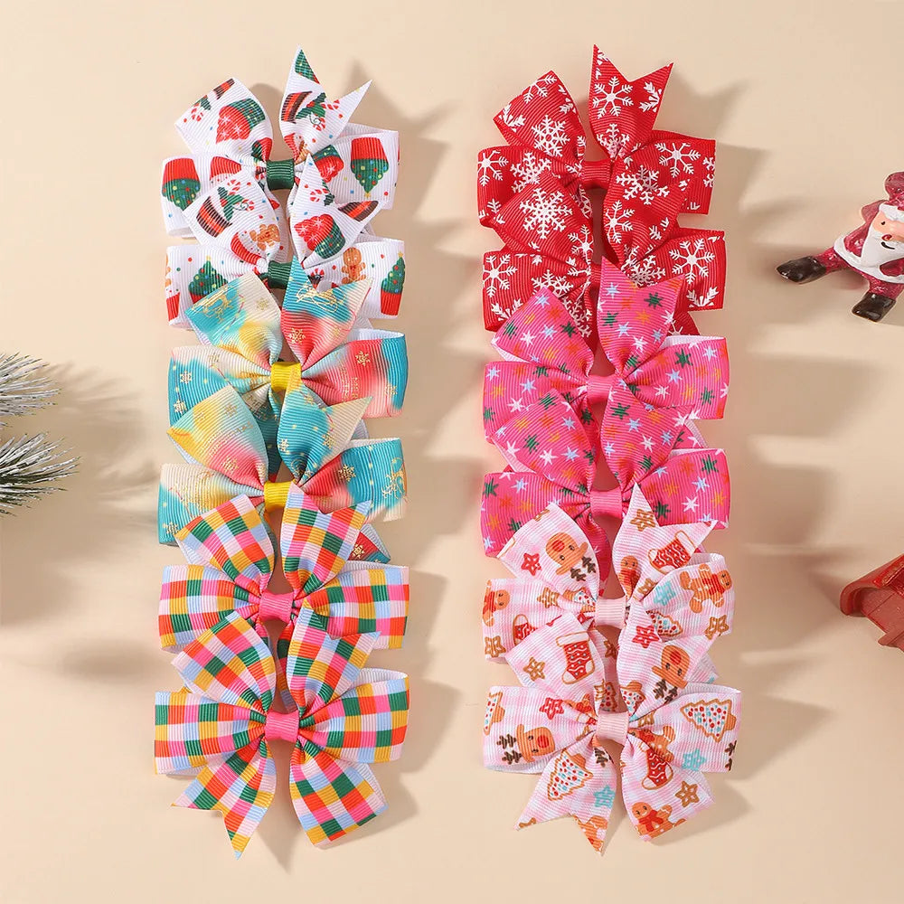 12Pcs Christmas Bow Hair Clips Set Printed Grosgrain Ribbon Pinwheel Bow Barrettes Little Girls Xmas Holiday Hair Accessories
