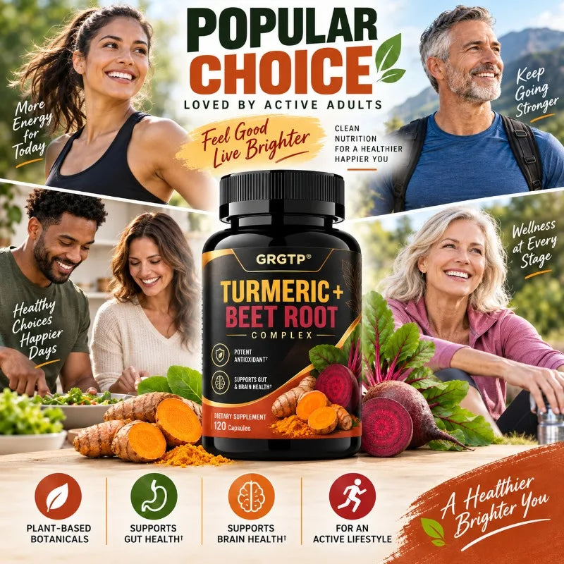 Turmeric + Beet Root Complex - Antioxidant, Blood Circulation,Natural Energy and Overall Vitality, Supports Gut and Brain Health