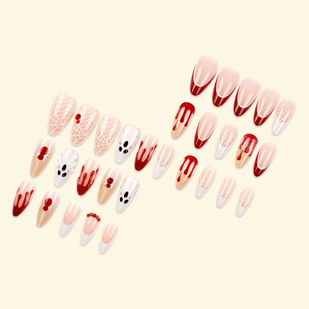 24Pcs Halloween Press On Nails White French Tip Burgundy Blood Drip Spider Web Spider Ghost Almond Fake Nails for Women