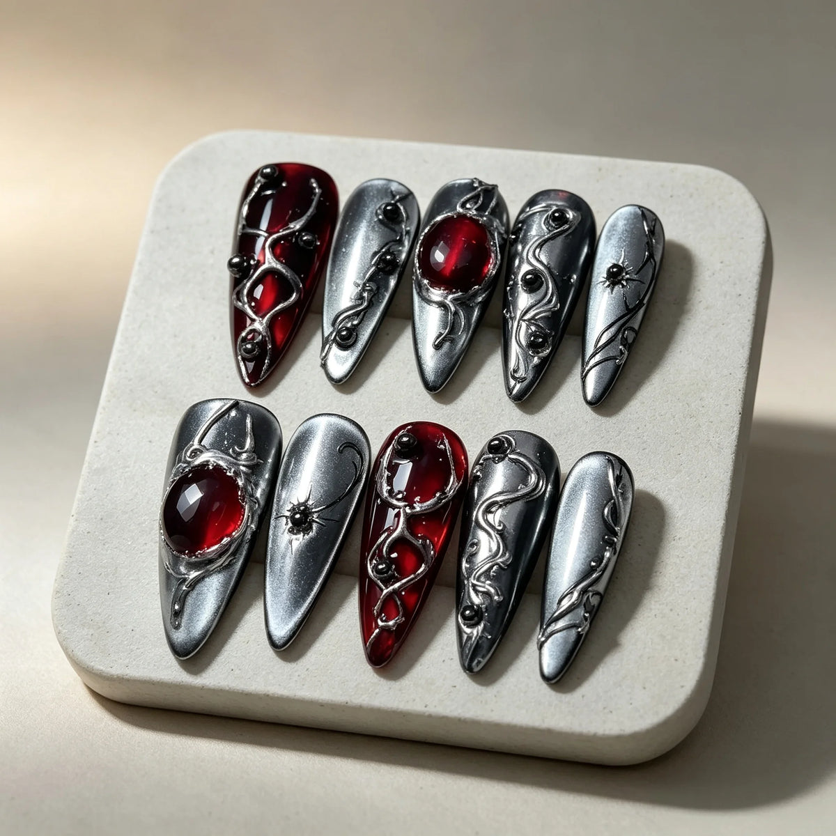 10pcs Y2K Gothic Blood Red Press On Nails 3D Metal Snake Vine False Nail Halloween Chrome Silver Metallic Fake Nail for Women