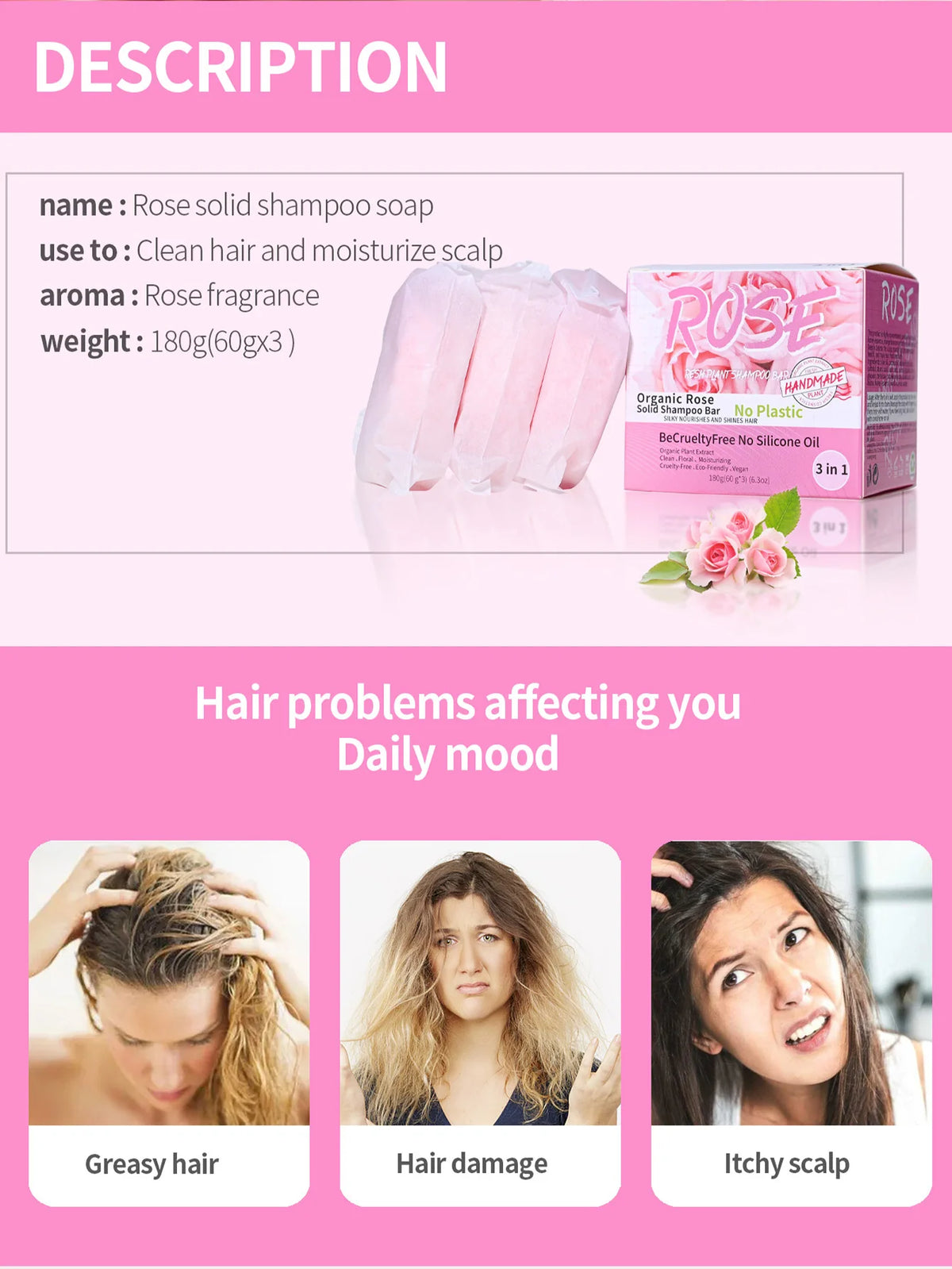 3pcs/box Damascus Rose Perfume Solid Shampoo Bar Deep Cleaning Moisturizing Hair Care Hand Soap