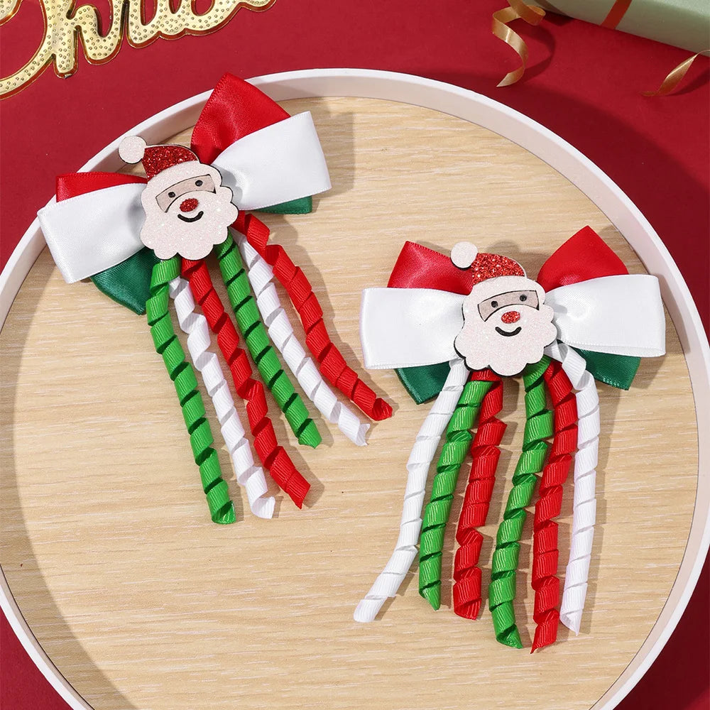 2Pcs Christmas Santa Claus Bow Hair Clips For Girls Cute Reindeer Curly Ribbon Tassels Hairpins Kids  Xmas Party Accessories