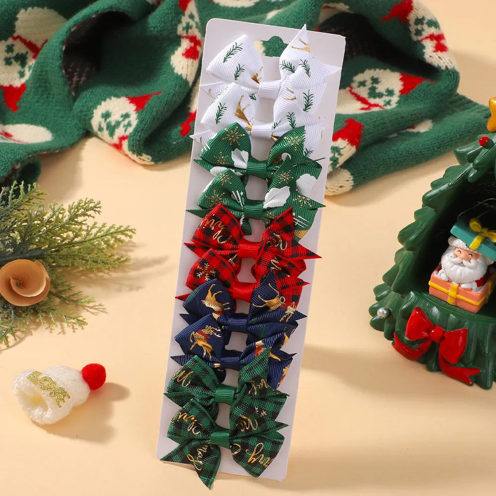 10Pcs Christmas Bow Hair Clips for Girls Santa Claus Print Ribbon Hairpins Boutique Party Cheer Kids Headwear Hair Accessories