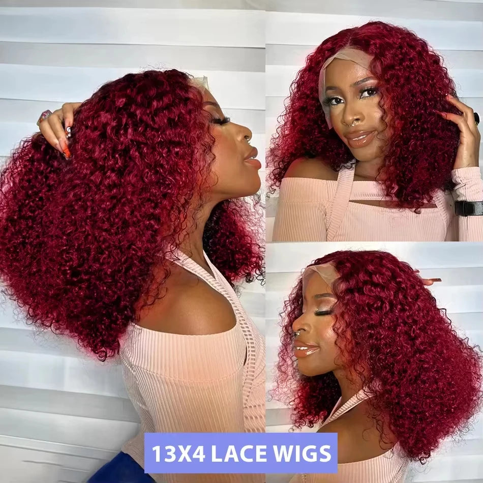 180 Density Burgundy 99J Short Bob Wigs Deep Wave 13x4 HD Lace Front Human Hair Wig Water Deep Curly Glueless Lace Closure Frontal Wig