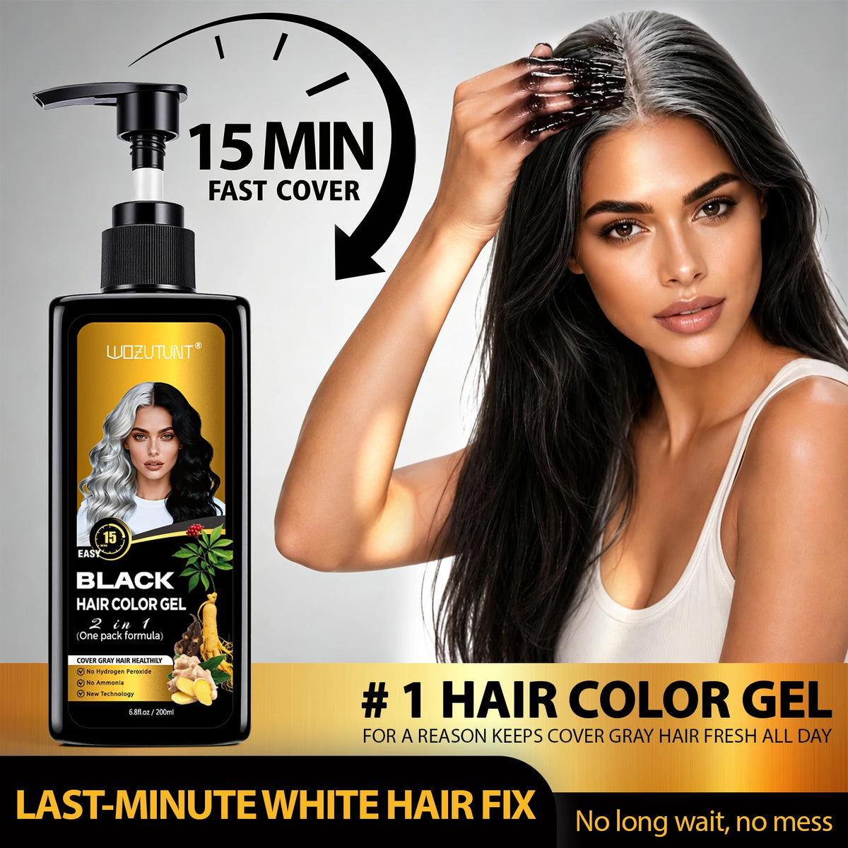 Black Hair Color Gel, 15-Minute Gray Coverage Brush-On Pump for Men and Women, Plant-Extract Blend 6.8 FL oz