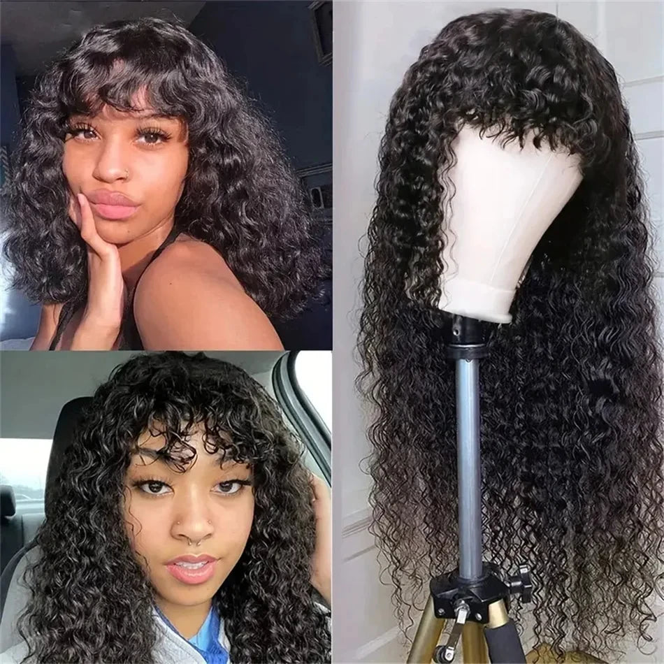 Water Wave Human Hair Wigs With Bangs For Women Full Machine Made Wigs Cheap Brazilian Remy Hair Wigs
