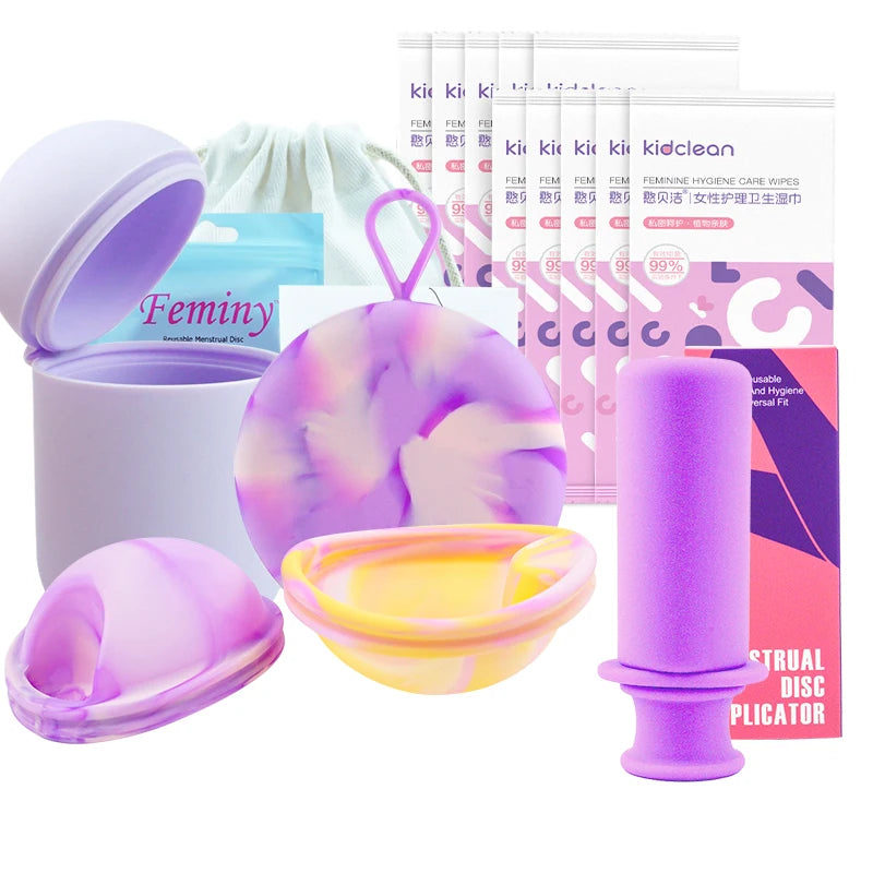 Feminy Menstrual Disc Kit Medical Grade Reusable Soft Silicone Period Disc with Sterilizer Case Applicator Leakproof Monthly Cup