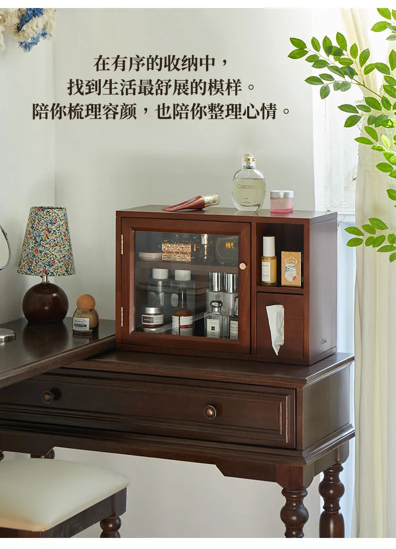 Mid Century Solid Wood Cosmetic Storage Box Drawer Organizer for Perfume Skincare Desktop Vanity Cabinet Rustic Makeup Holder