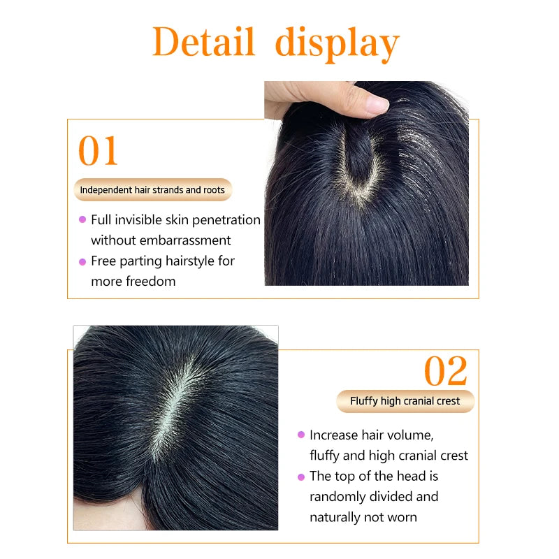100% Human Hair 7X10cm Hairnet with French Bangs Toupee 25cm Straight Clip in Hair Extension Improve Volume Topper Hair Pieces