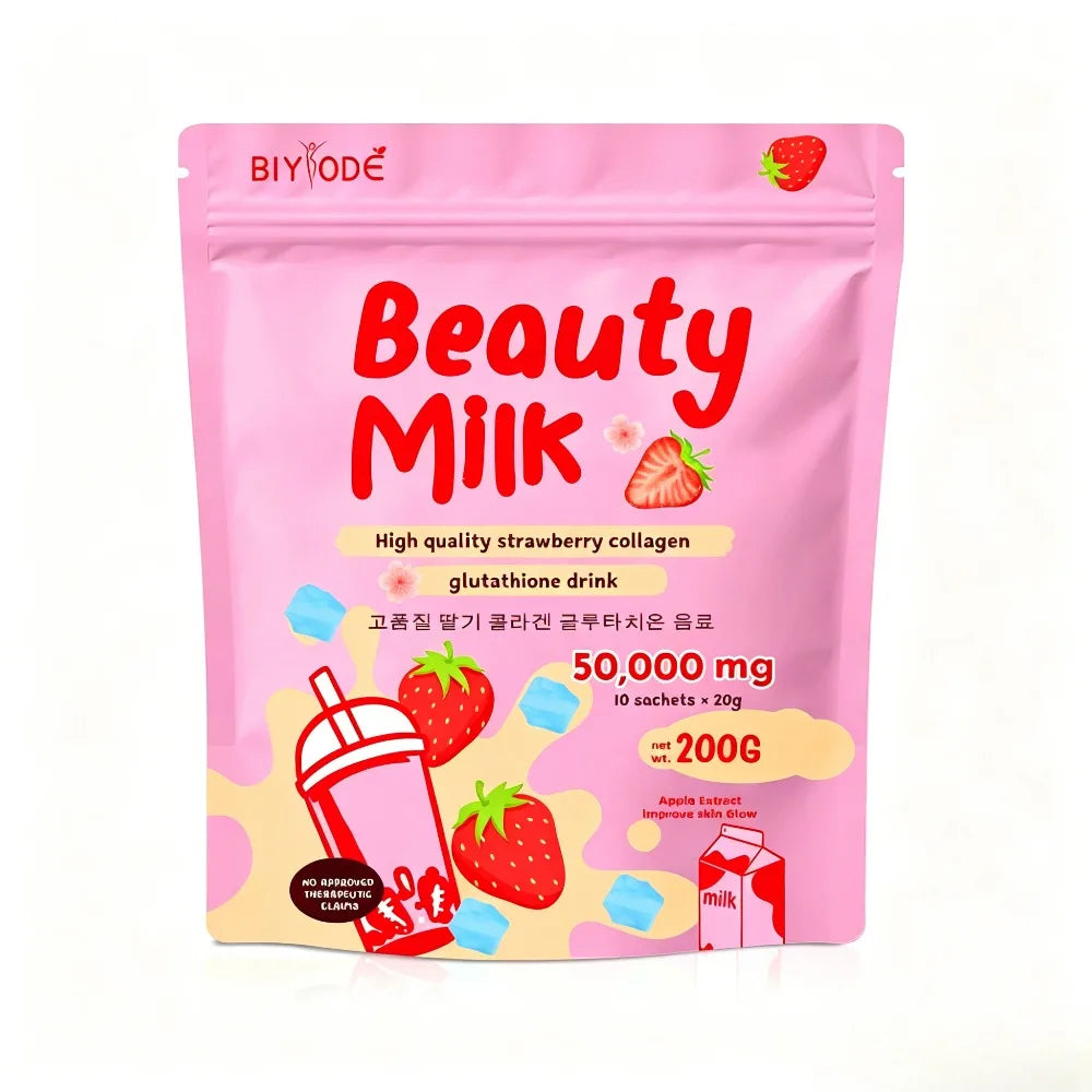 BIYODE Beauty Milk Strawberry Collagen Glutathione Powder Sachets Skin Glow Support with Vitamin D and Calcium, 10 Sachets