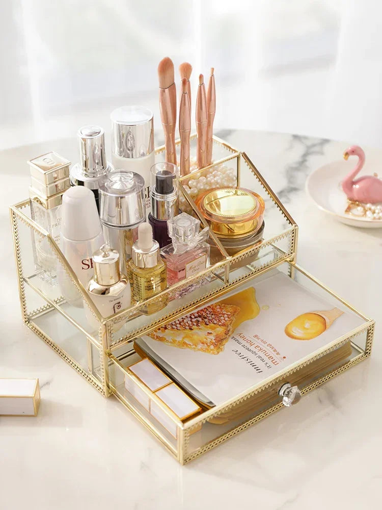 Golden Glass Cosmetic Storage Box Makeup Organizer Perfume Bathroom Make Up Tools Box for Cotton Pads Jewelry Display Rack