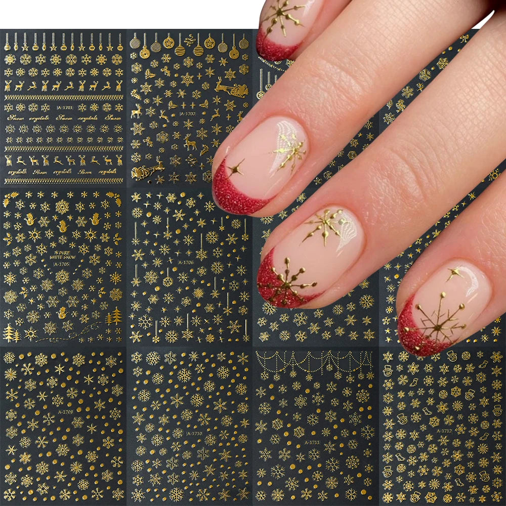 12Pcs/Set 3D Christmas Gold Snowflakes Nail Art Stickers New Year Winter Self-Adhesive Sliders Xmas Snowflake Manicure Decals &