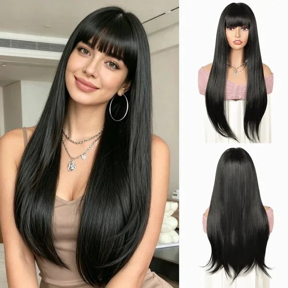 QUEENTAS 40 Inch Black Wig with Bangs Long Black Wigs for Women Synthetic Straight Hair Party Daily Wear